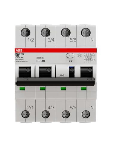 Abb DS3NC16AC30 - Interruttore Magnetotermico Differenziale 6kA, AC, Curva C, 16A 30mA 3P+N